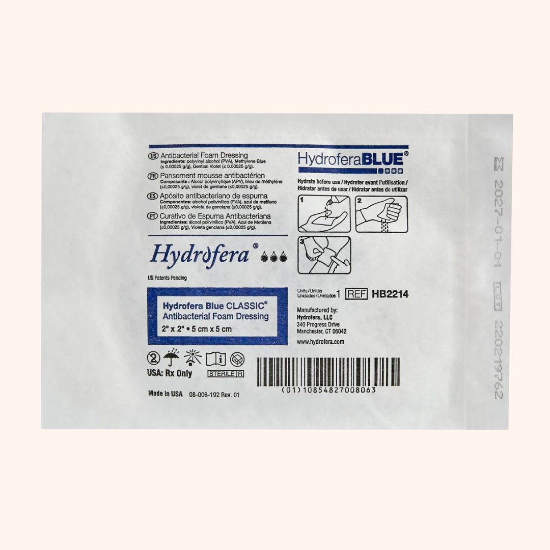 Hydrofera Blue foam dressing, without border 2"x2" product image. Engineered for various wound types. | Direct Medical Inc.