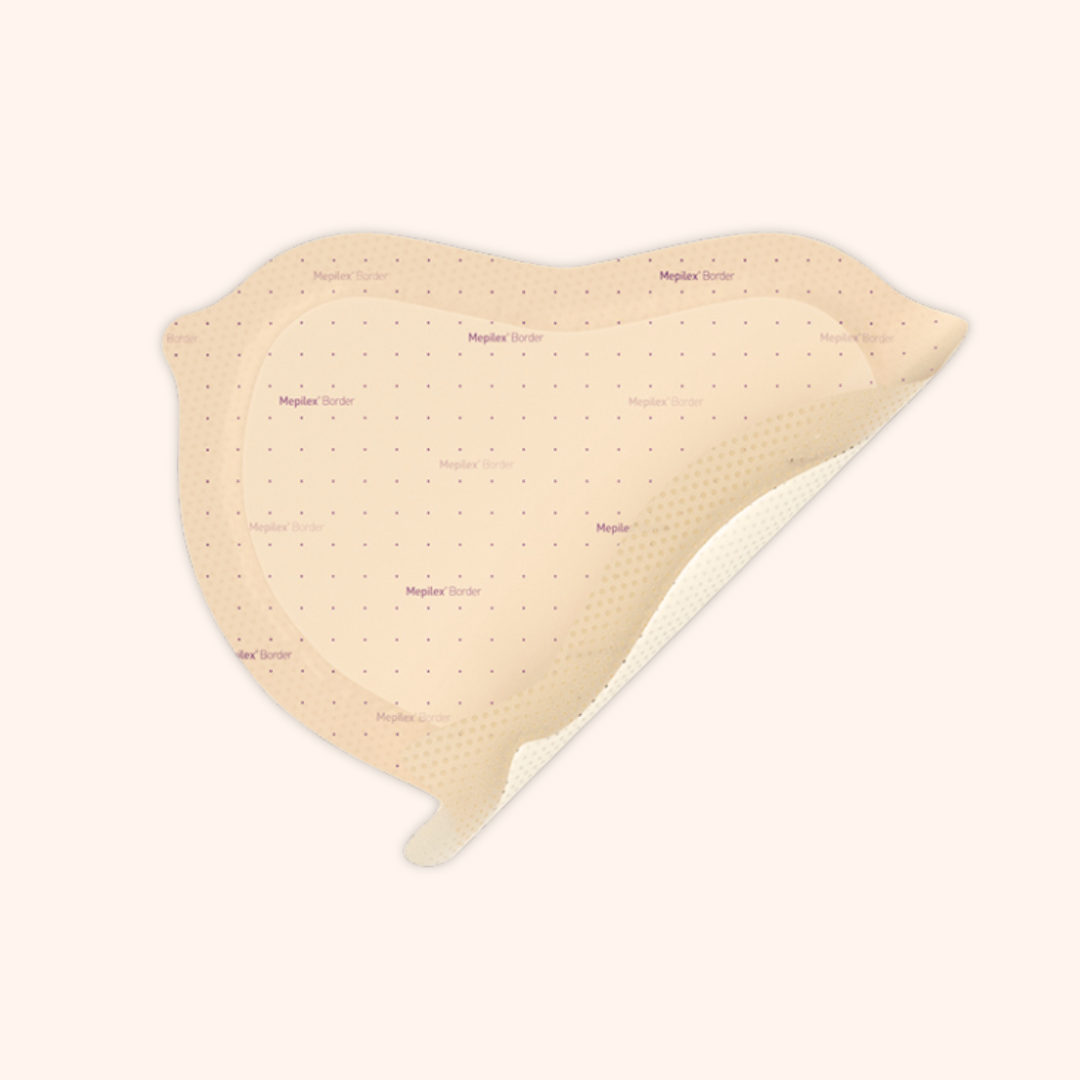 Image of Mepilex Border Sacrum Foam Dressing with bottom right side folded to show the border. | Direct Medical Inc.