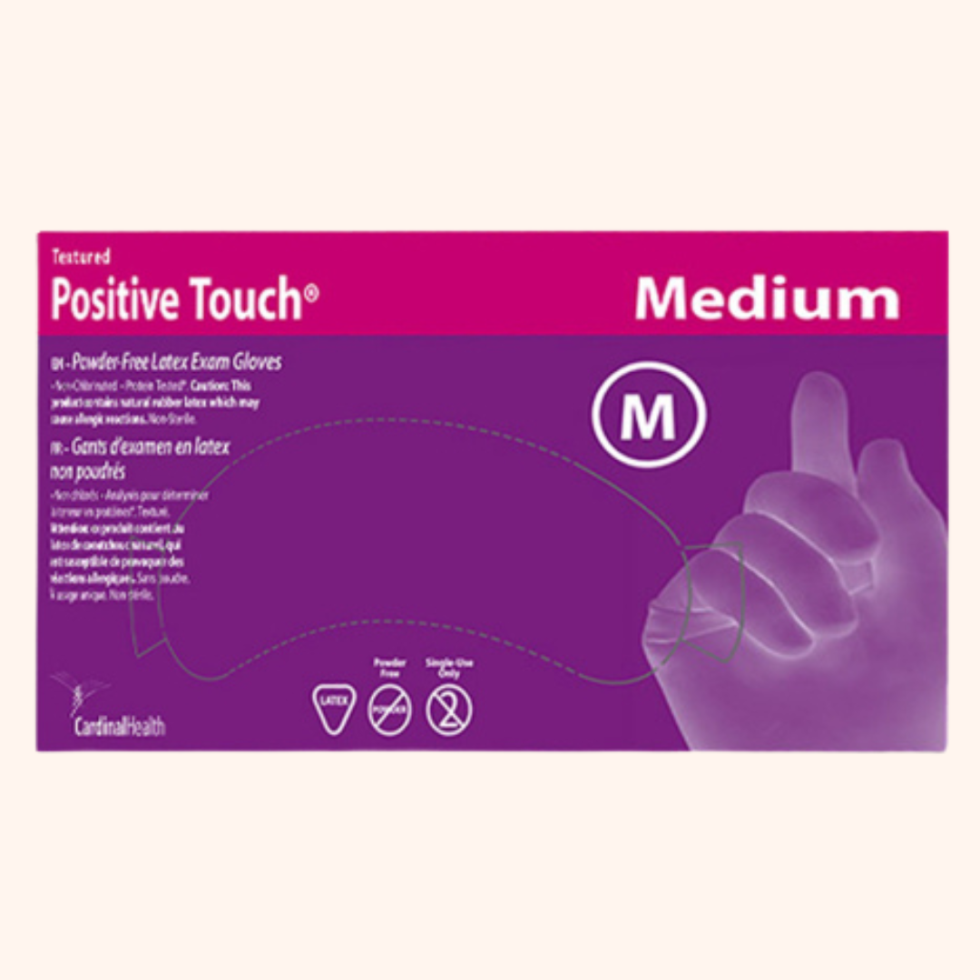 Cardinal Health Positive Touch Powder-Free Latex Gloves in size medium. Image of packing box. | Direct Medical Inc. 