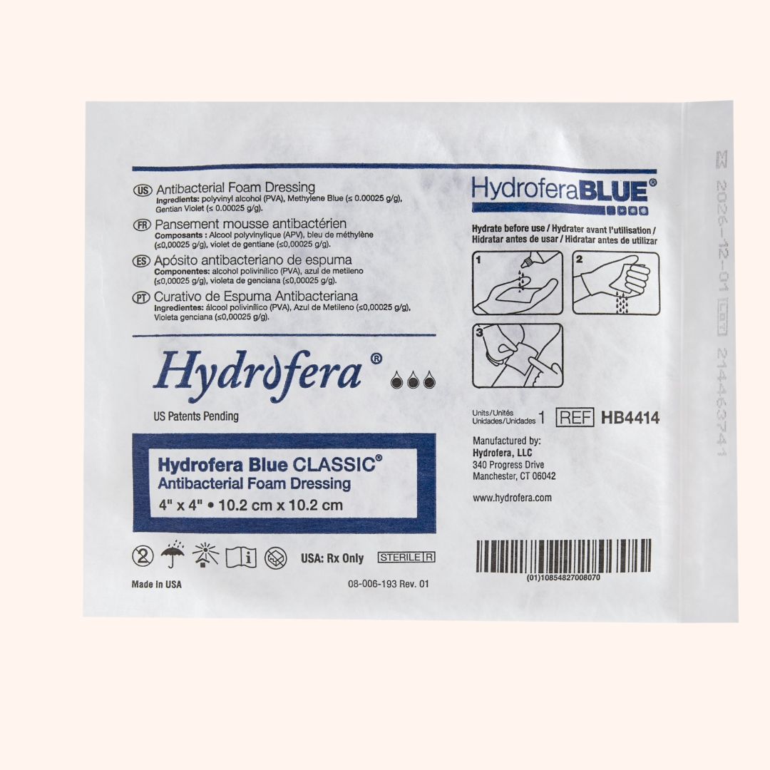 Hydrofera Blue Foam Dressing Without Border 4x4 Product Image. Designe to promote healing in a variety of wound types. | Direct Medical Inc. 