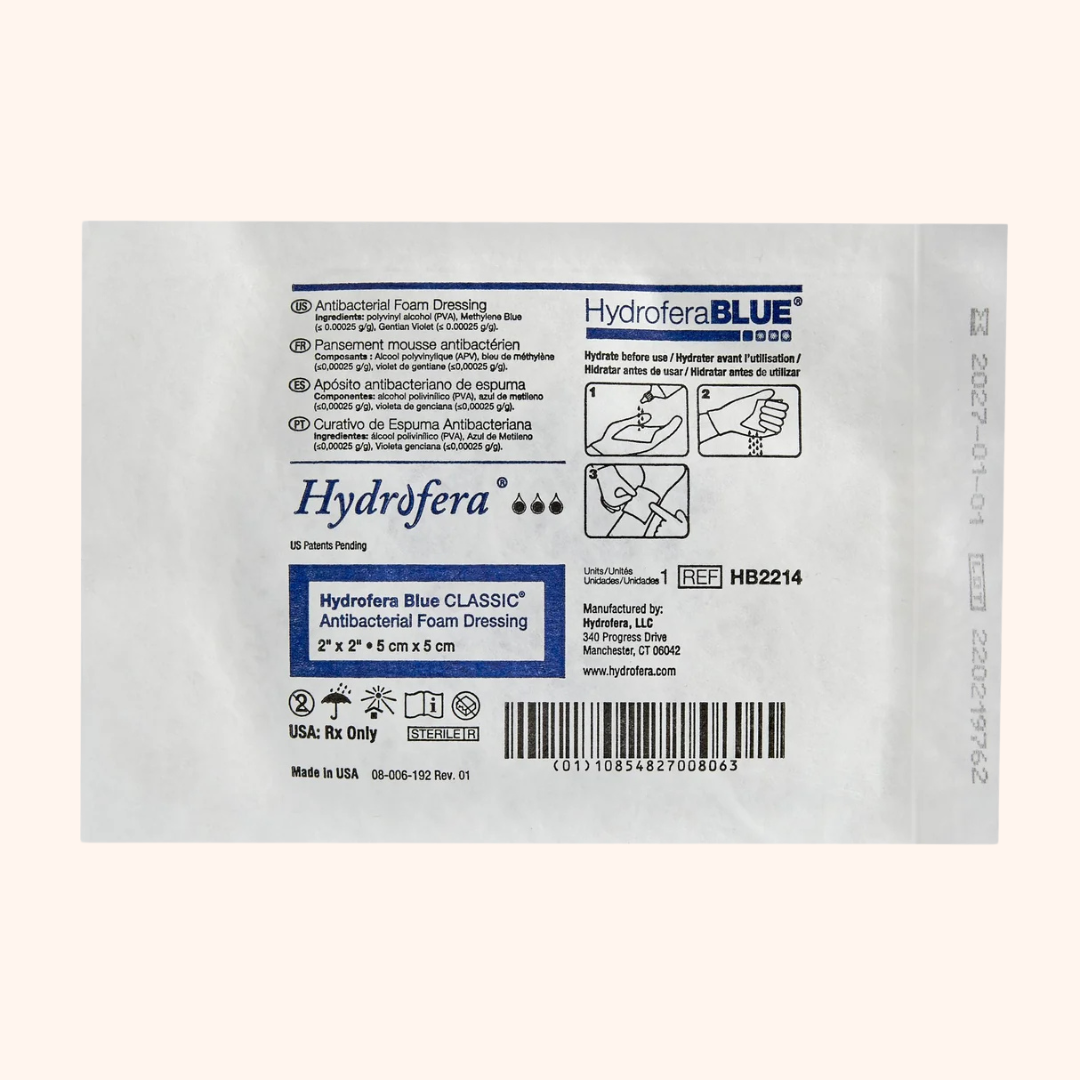 Hydrofera Blue foam dressing, without border 2"x2" product image. Engineered for various wound types. | Direct Medical Inc. 