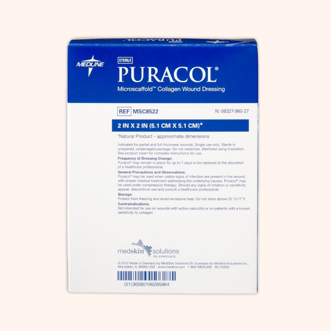 Back of Puraco Collagen Wound Dressing Box. | Direct Medical Inc. 