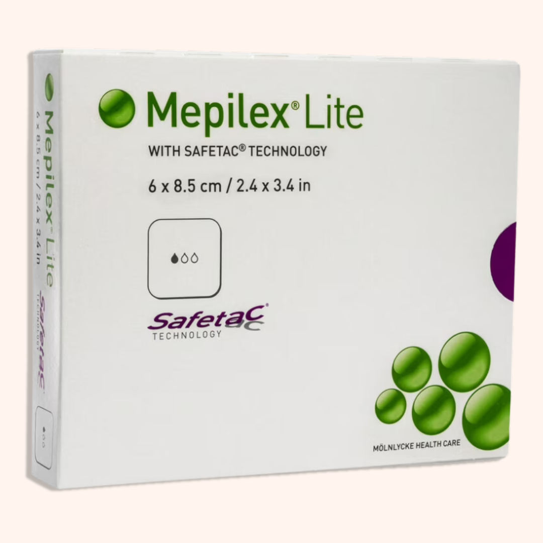 Image of Packing Box which contains five Mepilex Lite Non-Border Foam Dressings. | Direct Medical Inc.