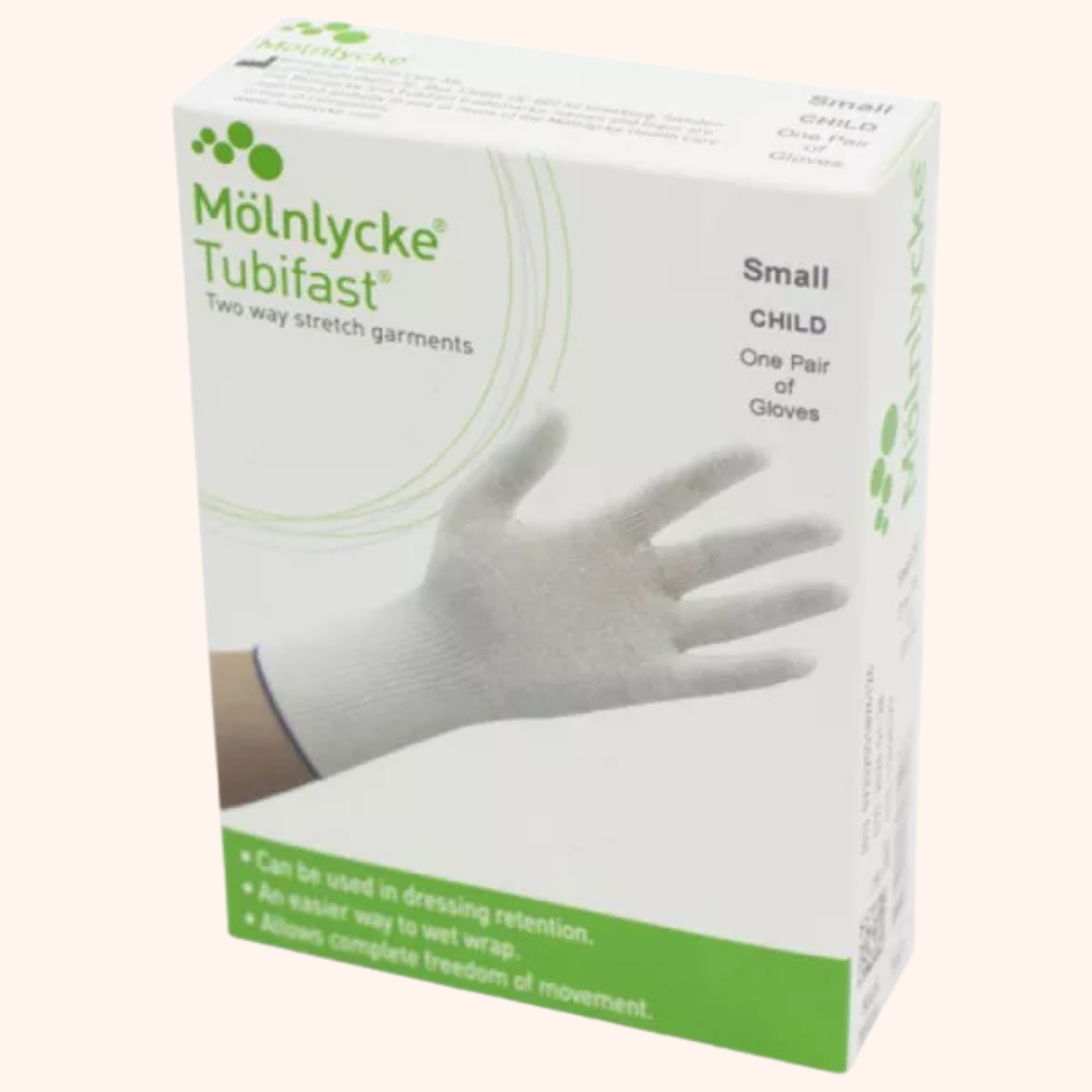 Tubifast Ready to Wear Garments Gloves (5922) for Children xSmall. Image of packaging box. | Direct Medical Inc.